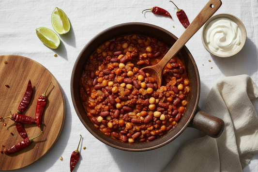 5 bean chilli on flat lay with dress chillis and limes